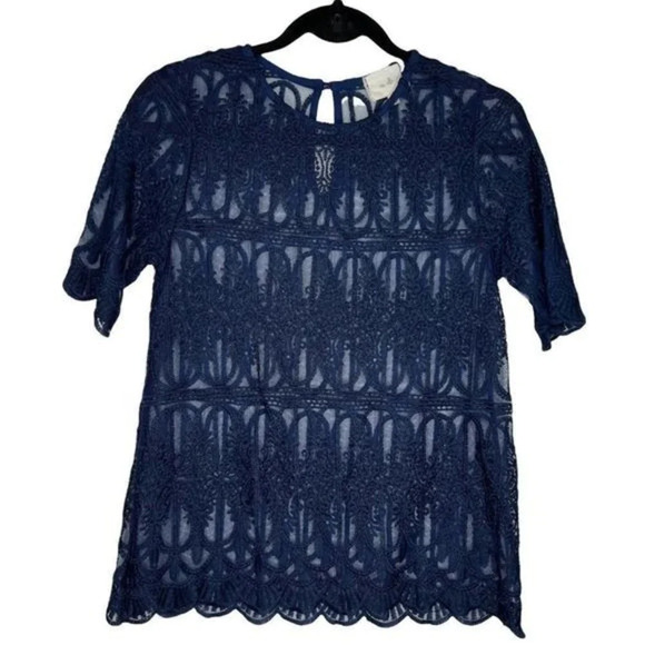 Anthropologie En Elle Marka Lace Tee Size 2 Navy Blue - Picture 2 of 6